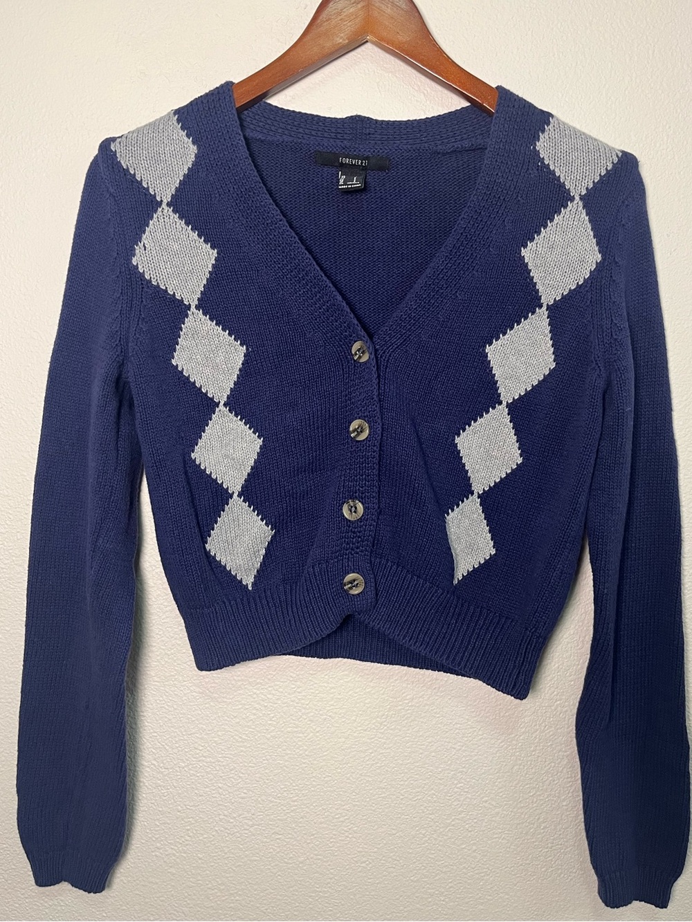 Forever 21 Navy Cardigan with Light Gray Argyle Detail